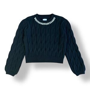 Lola Pearl Neck Cropped‎ Sweater Womens Size L Black Preppy